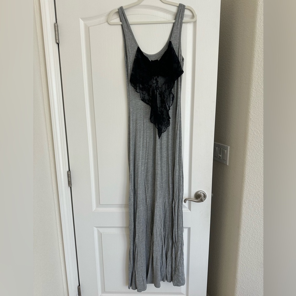 Gray Maxi Dress with Black Lace Bow Detail